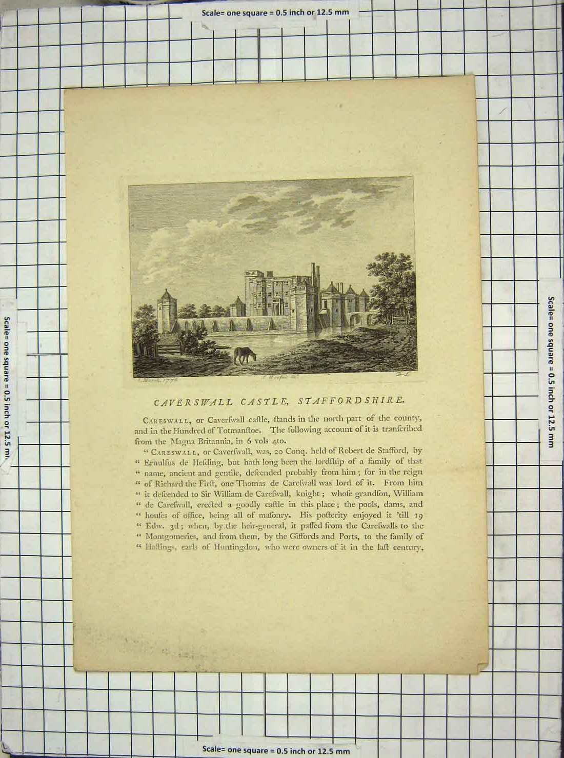 Original Old Antique Print Cornwall Castle Staffordshire Hooper 18th Century