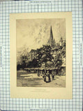 Original Old Antique Print St. Pierre Caen Street Scene Railton 19th Century
