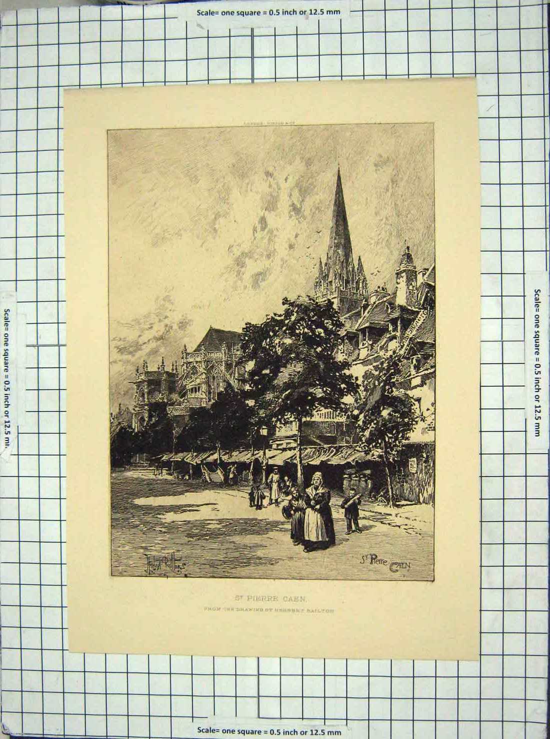 Original Old Antique Print St. Pierre Caen Street Scene Railton 19th Century