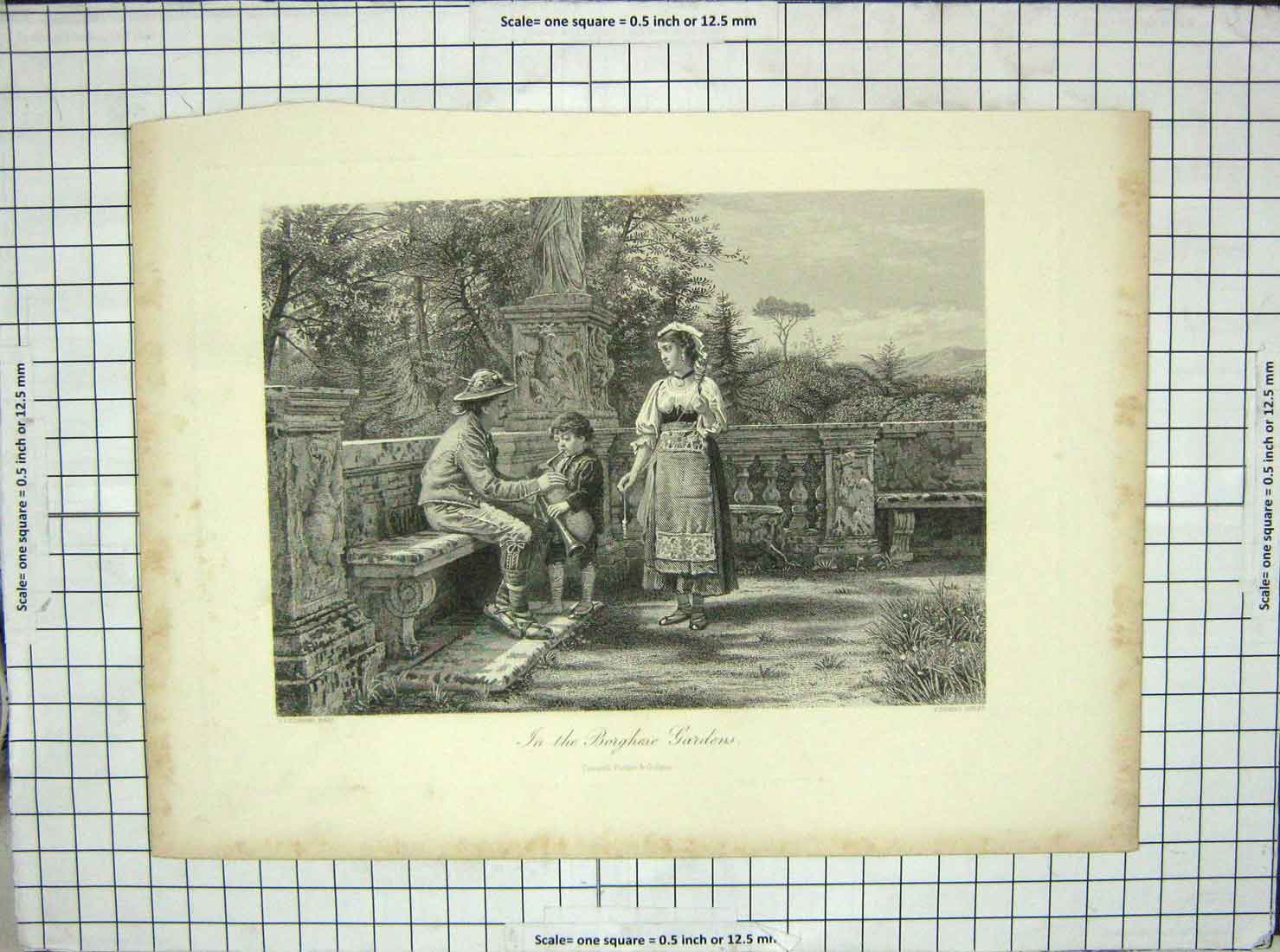 Original Old Antique Print Scene Borghese Gardens Joubert Kilburne 20th Century