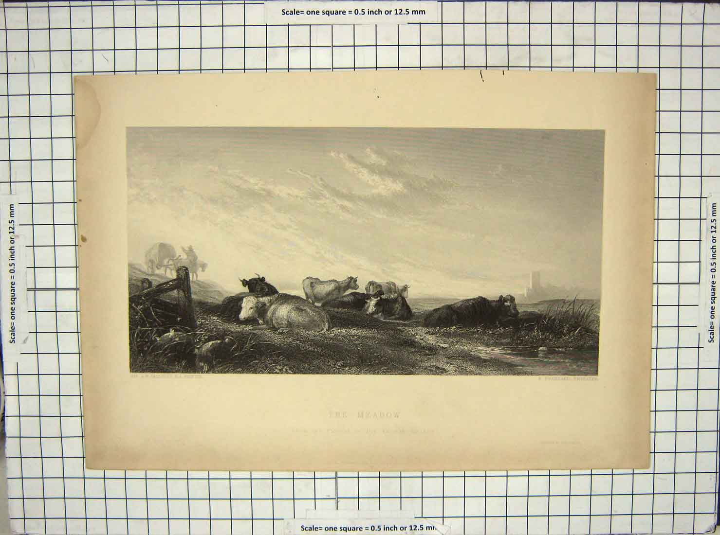 Original Old Antique Print View Meadow Cows Horse Cart Brandard 20th Century