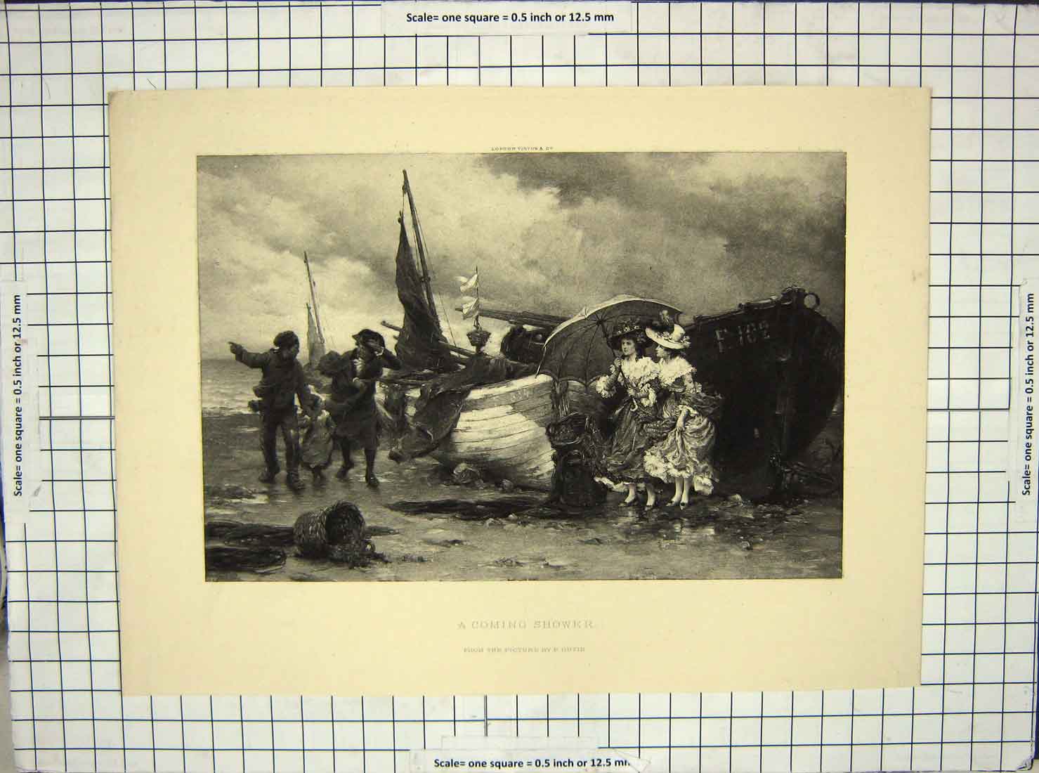 Original Old Antique Print Beach Scene Storm Ladies Boat Wind Outin