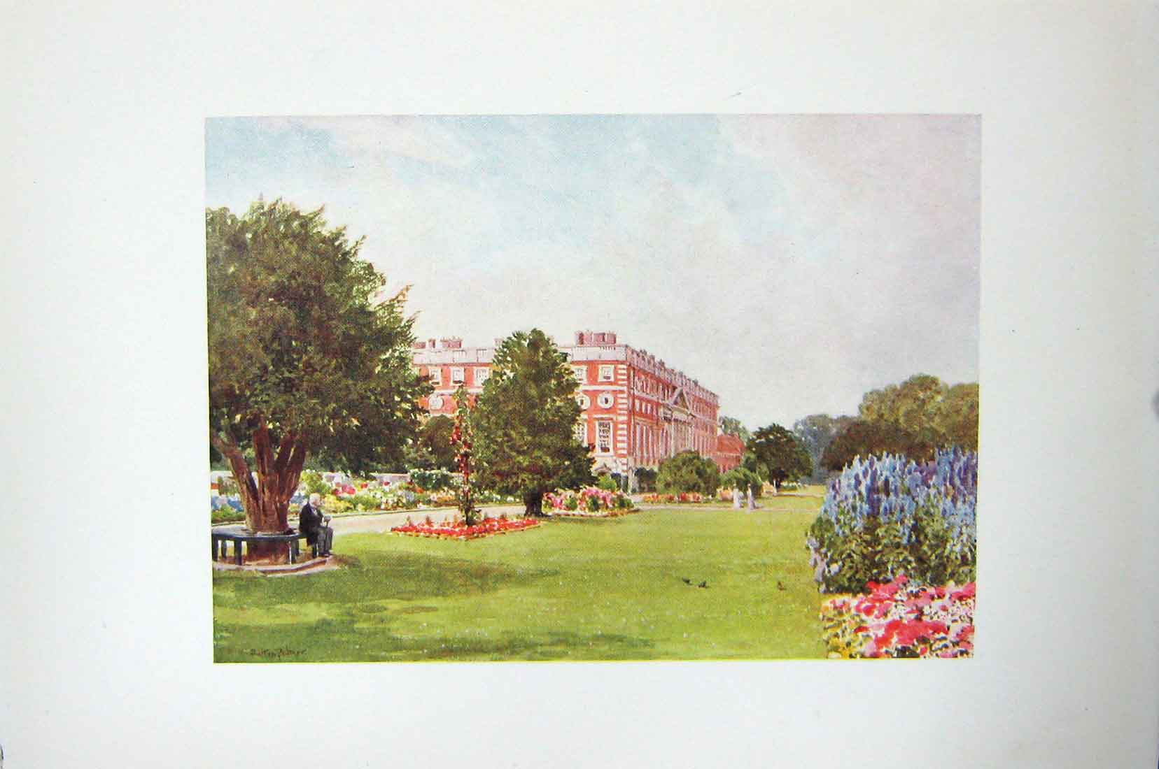 Original Old Vintage Print Colour C1920 Hampton Court Palace Architecture 20th