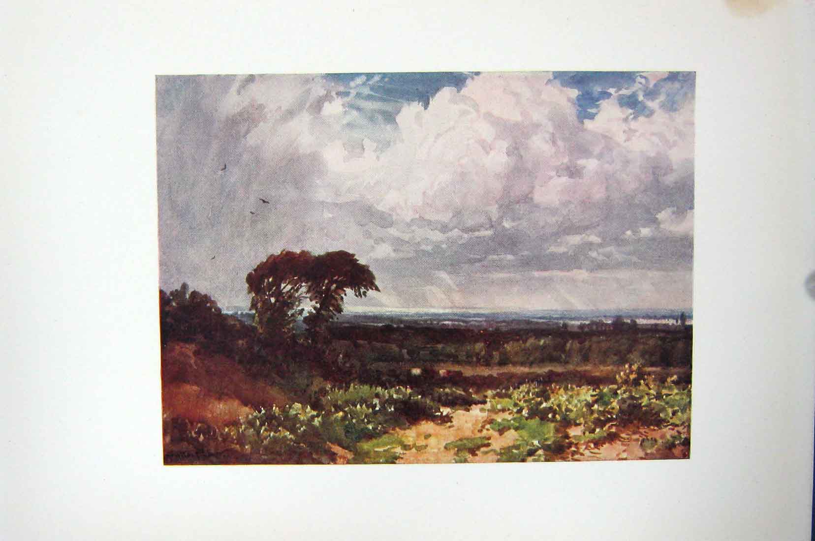 Original Old Vintage Print Hand Coloured C1920 Cloud Sky Countryside 20th