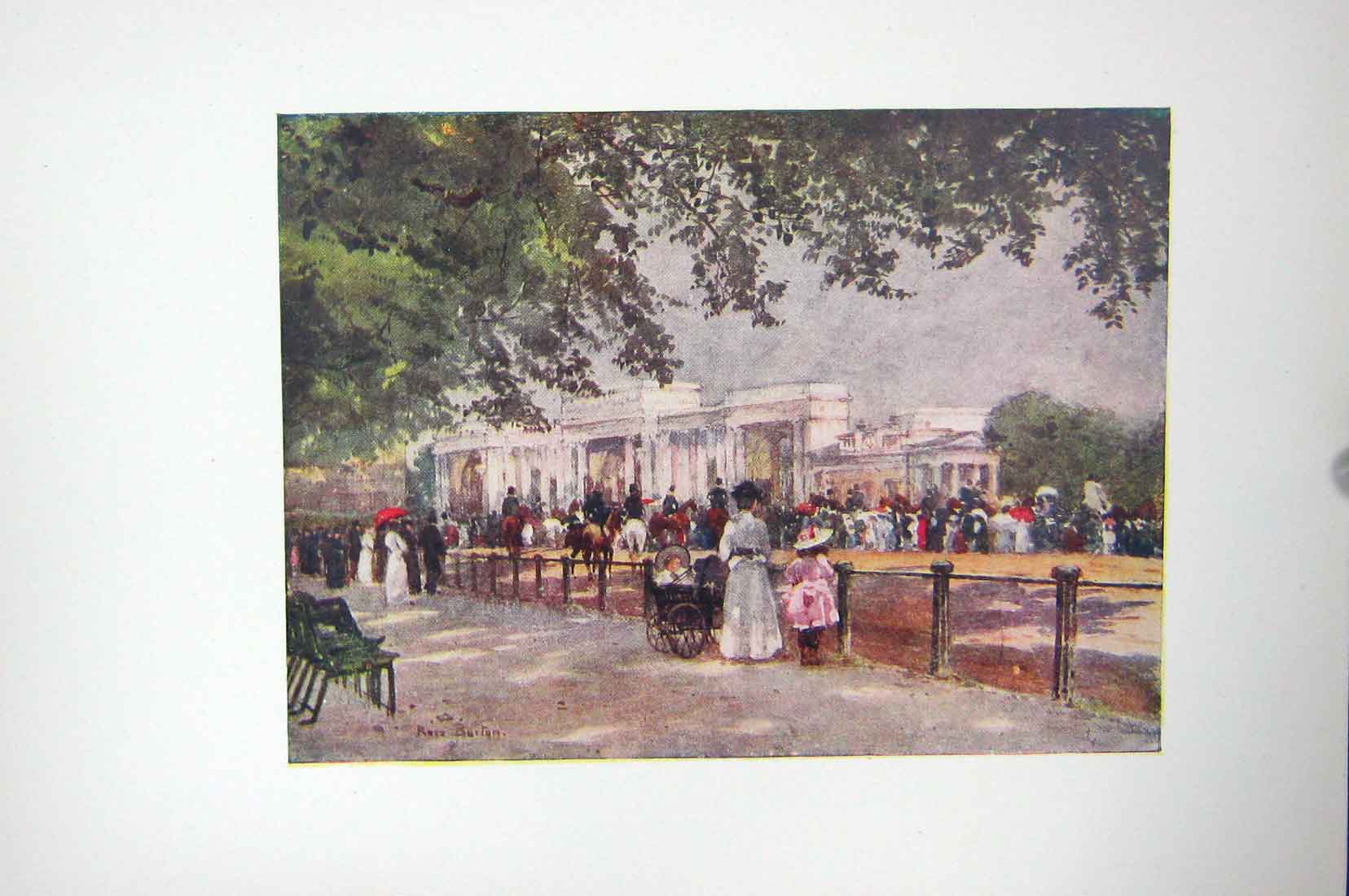 Original Old Vintage Print Colour C1920 Hyde Park Corner London England 20th