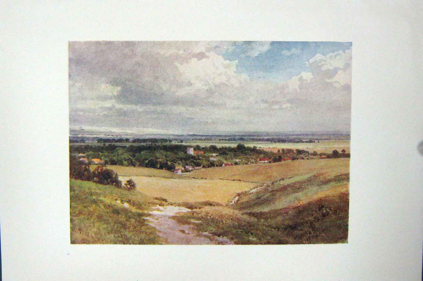 Original Old Vintage Print Colour C1920 View Downs Landscape Countryside 20th