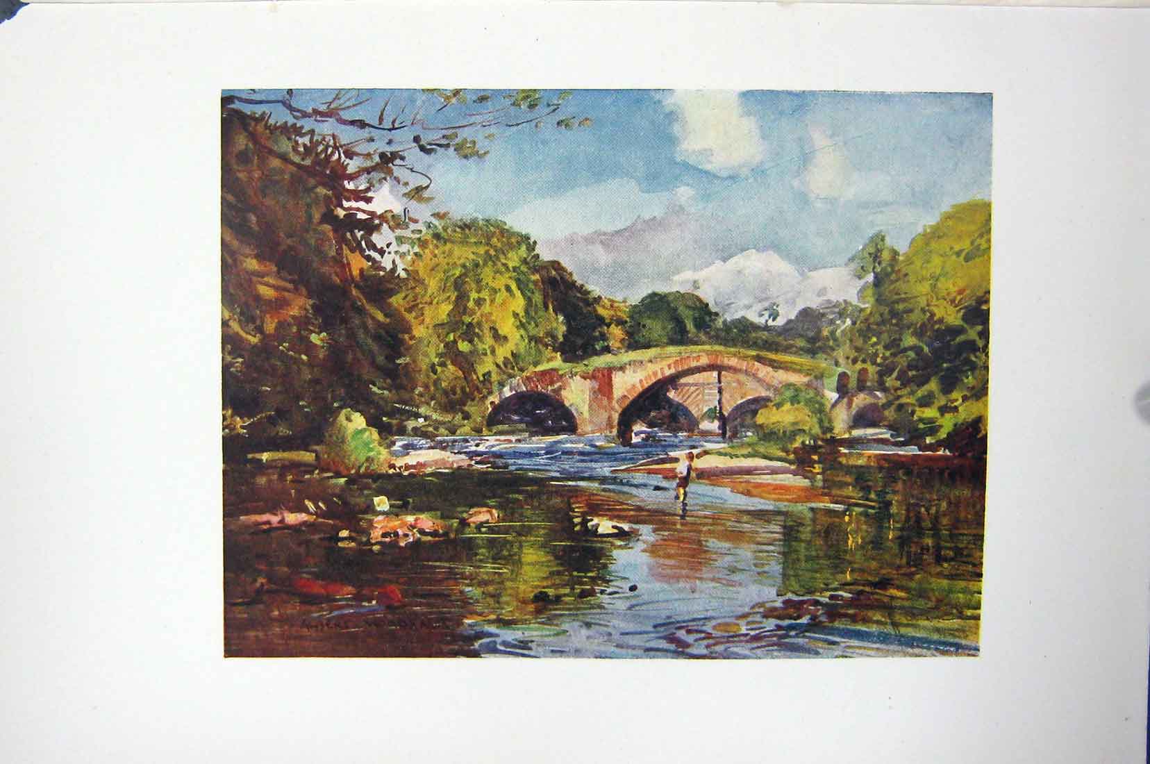 Original Old Vintage Print Colour C1920 View Lower Hodder Bridges Cromwell 20th