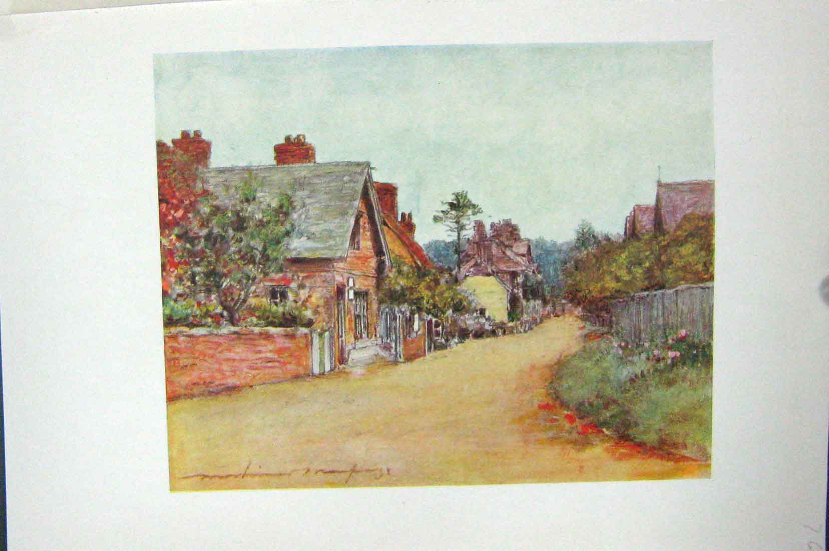 Original Old Vintage Print Colour C1920 Street View Sonning Houses England 20th