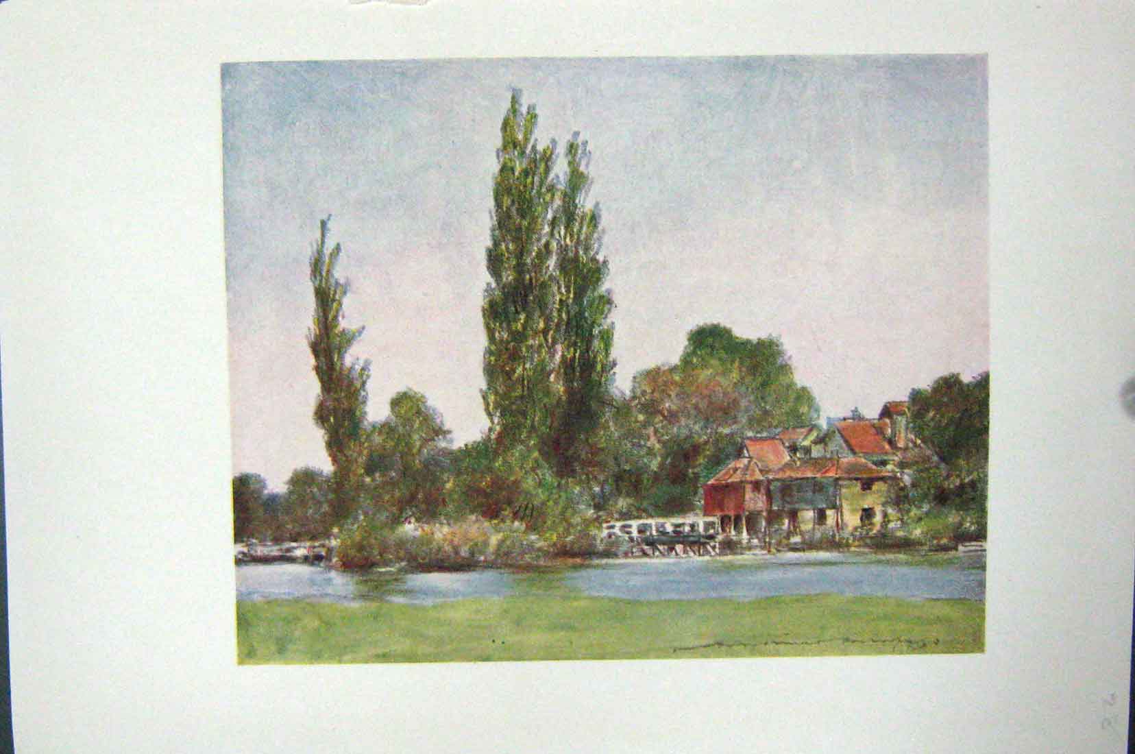 Original Old Vintage Print Colour C1920 View Town Iffley River Trees 20th