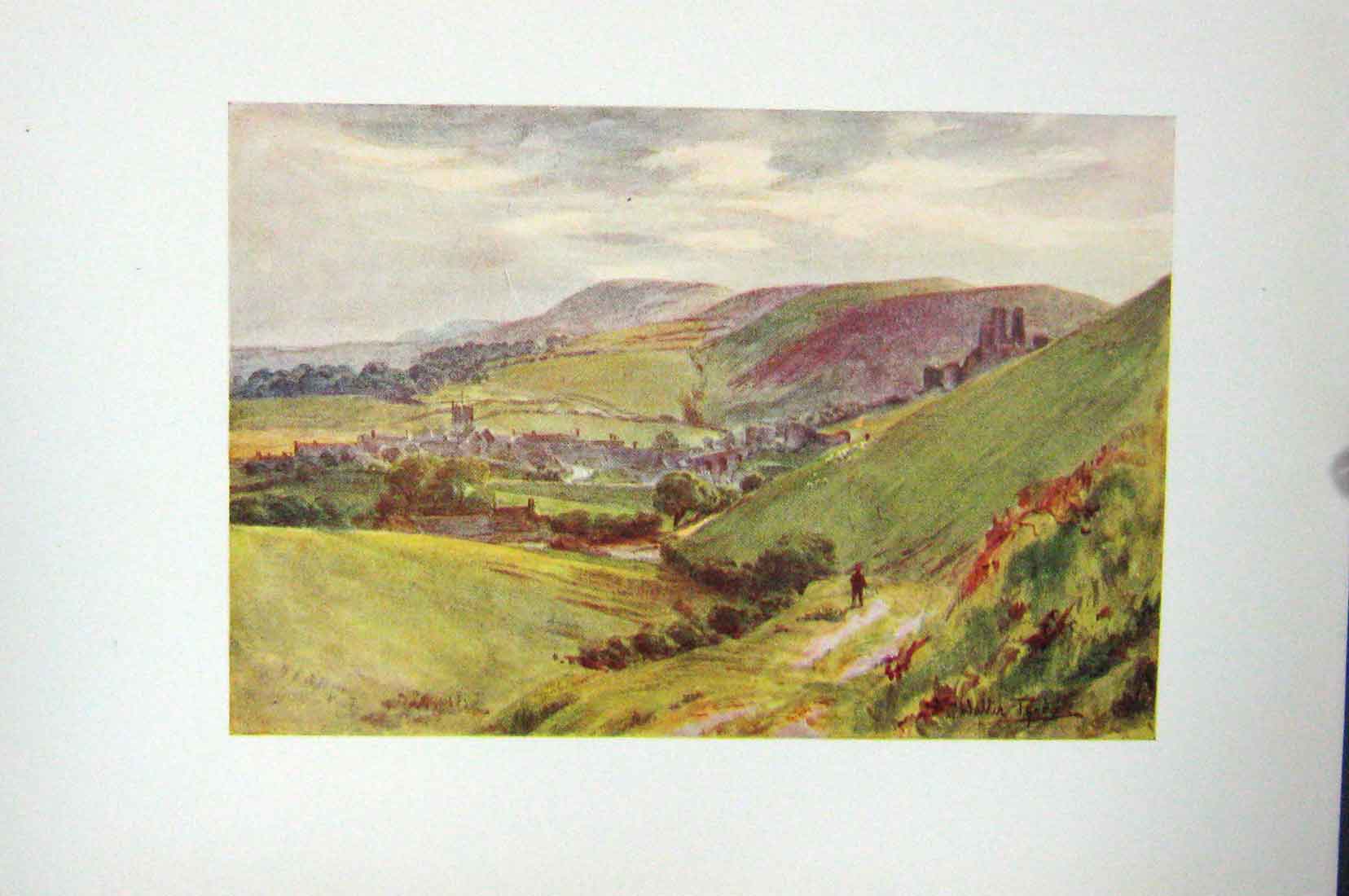 Original Old Vintage Print Colour C1920 Corfe Castle Nine Barrow Down 20th