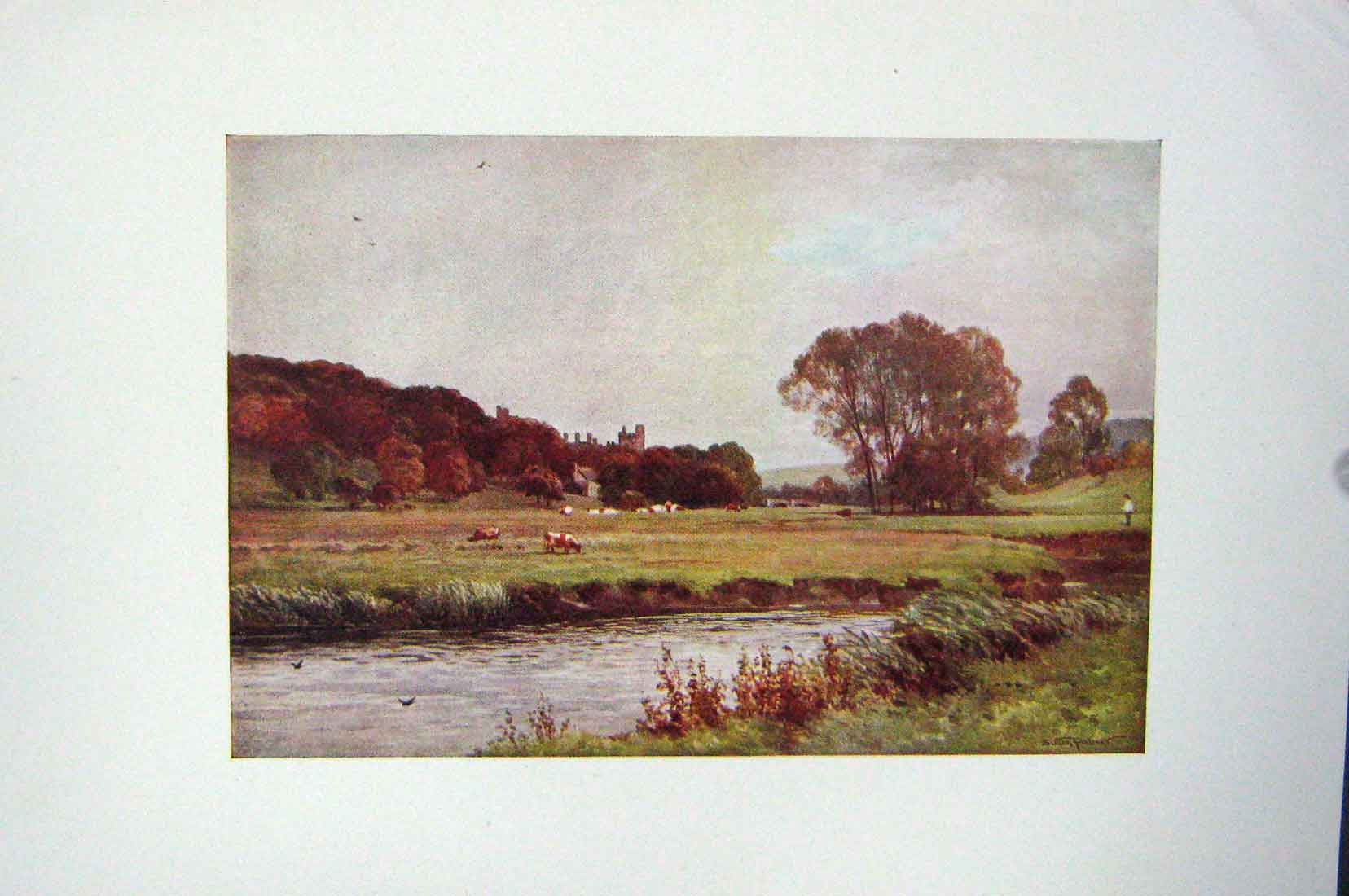 Original Old Vintage Print Colour C1920 River Wye Haddon Hall Derbyshire 20th