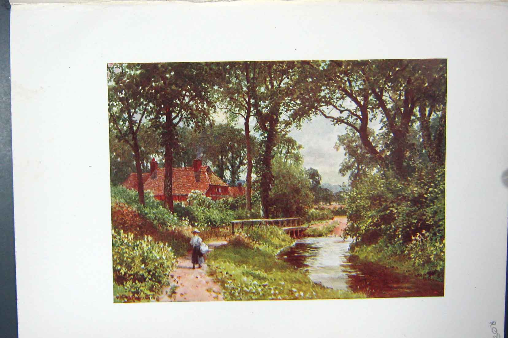 Original Old Vintage Print Colour C1920 View Bourne Chobhan River Trees 20th