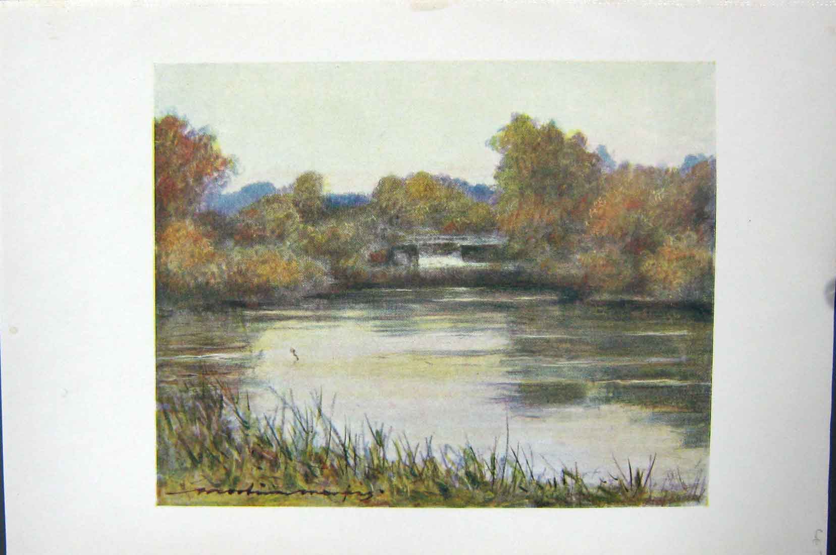 Original Old Vintage Print Colour C1920 View Sutton Courtney Blackwater 20th
