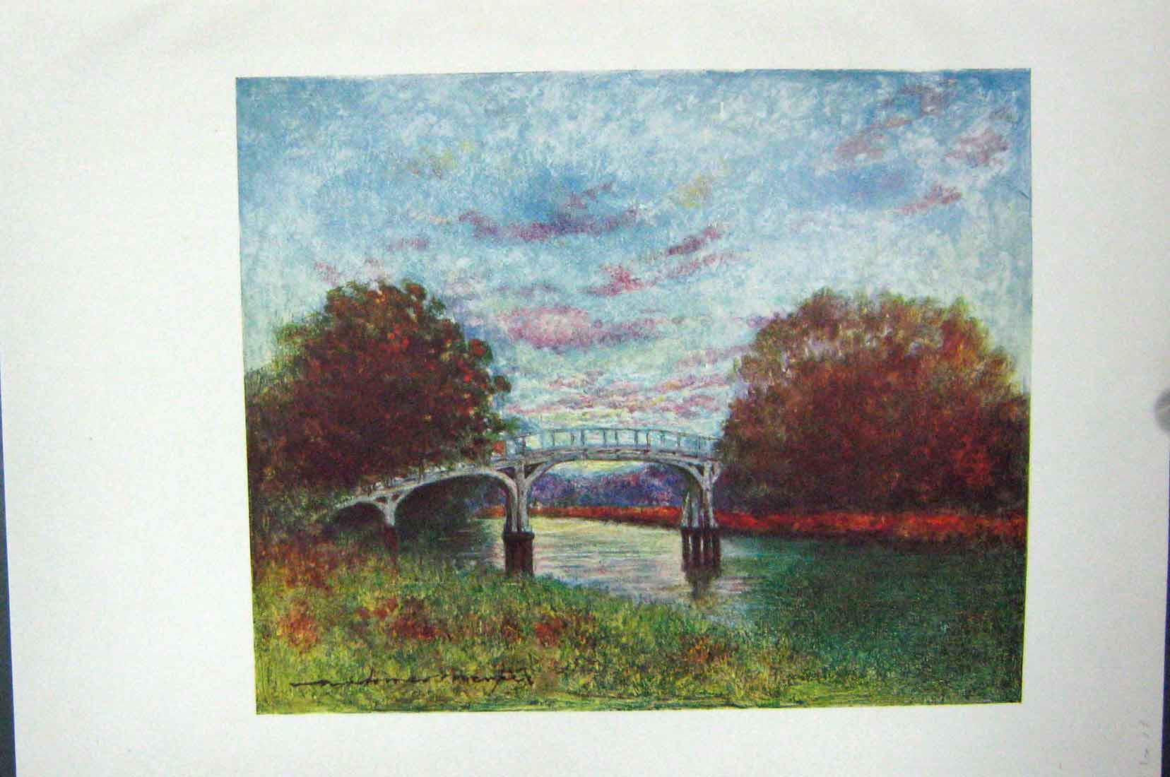 Original Old Vintage Print Colour C1920 View Hurley Backwater River Bridge 20th