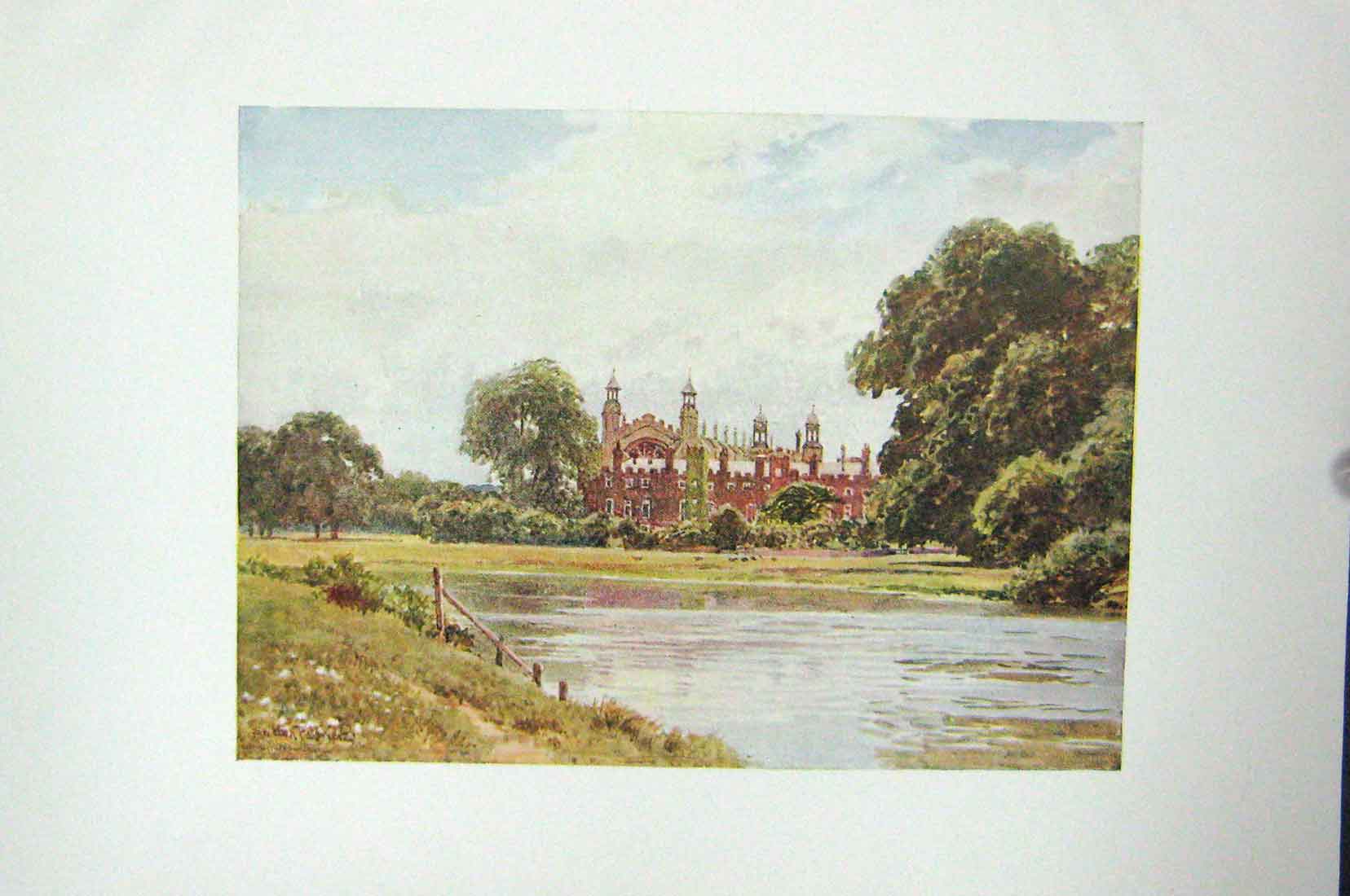 Original Old Vintage Print Colour C1920 View Eton Bucks England London 20th