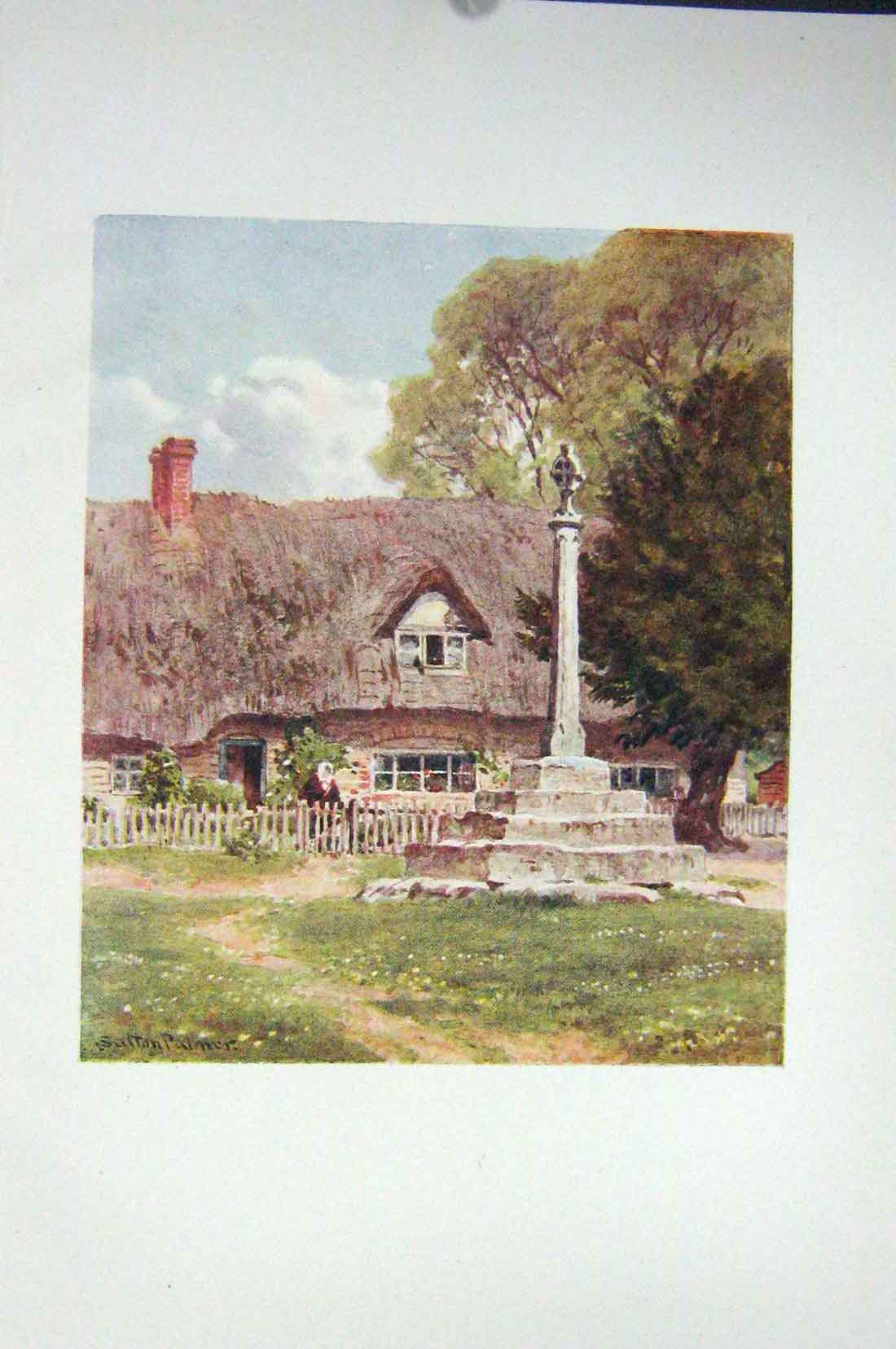 Original Old Vintage Print Colour C1920 Berkshire Village House Cross 20th