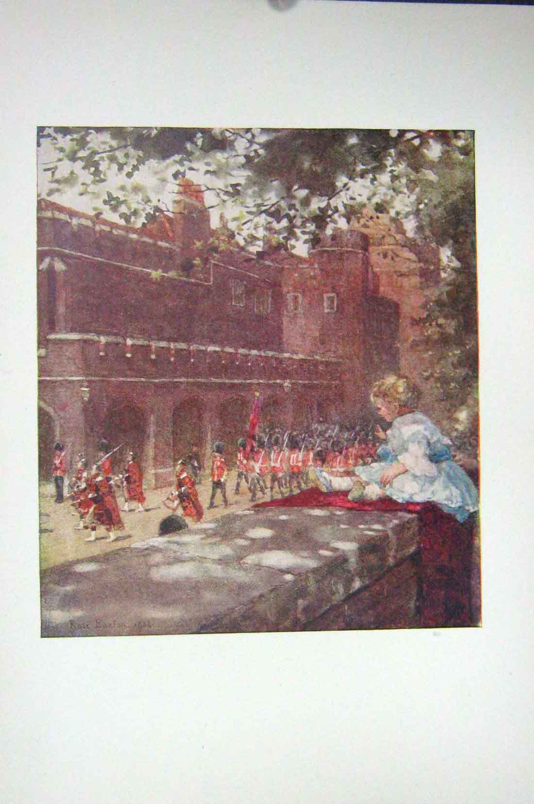 Original Old Vintage Print Colour C1920 Scene Changing Guard Palace London 20th