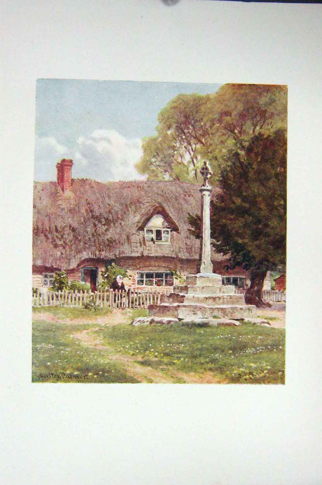 Original Old Vintage Print Ref.927 Colour C1920 Berkshire Village House Cross