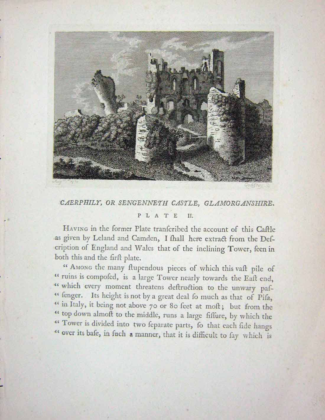 Old Antique Print Ruins Caerphily Sengenneth Castle Glamorganshire Wales
