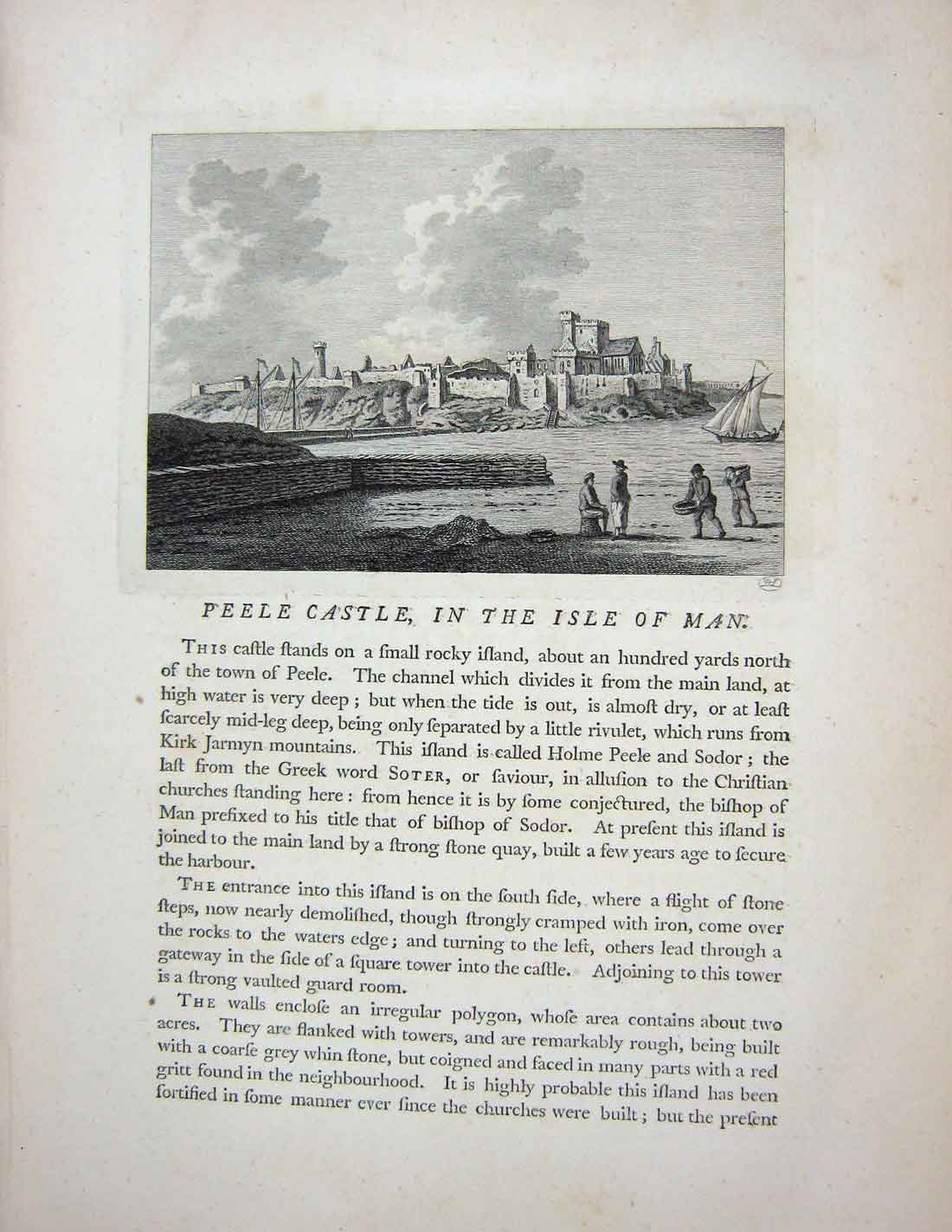 Original Old Antique Print 1774 Peele Castle Isle Man Architecture 18th Century