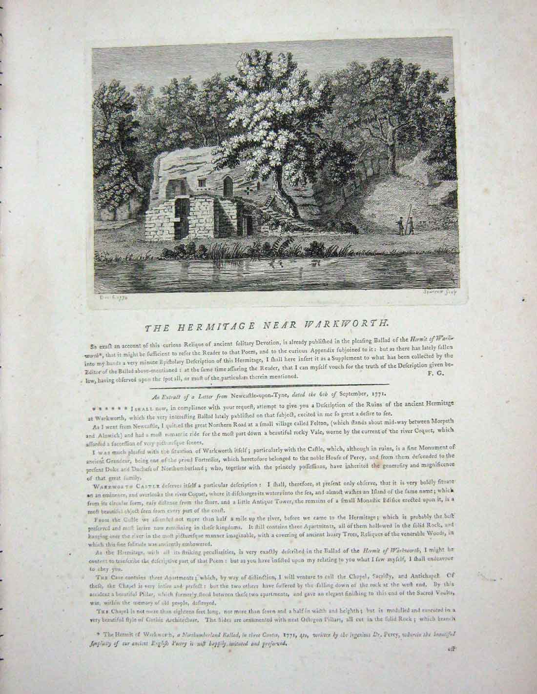 Original Old Antique Print 1778 View Hermitage Warkworth Sparrow Engraving 18th