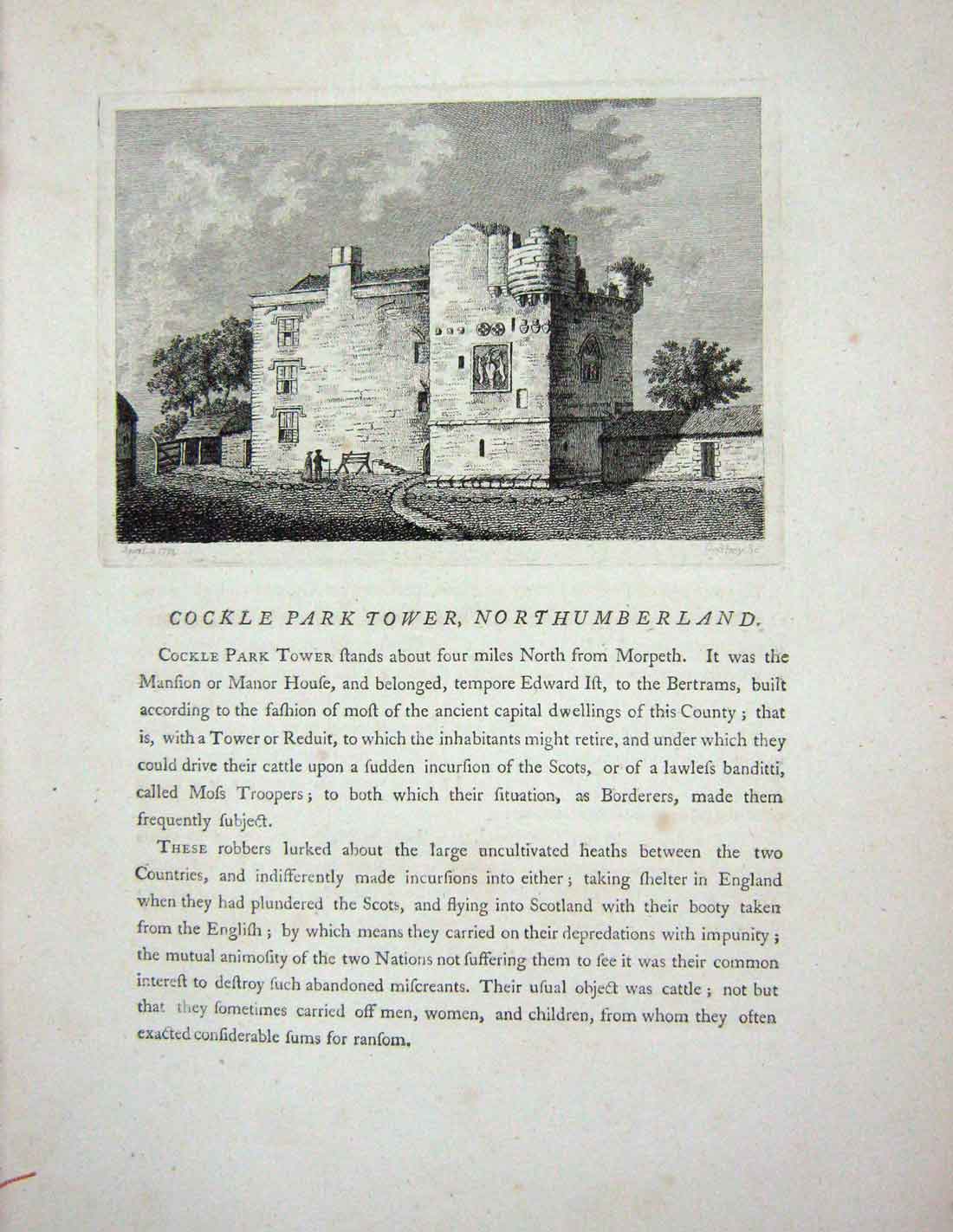 Original Old Antique Print 1774 Cockle Park Tower Northumberland Godfrey 18th