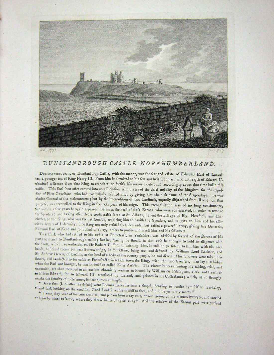 Original Old Antique Print 1773 Dunstanbrough Castle Northumberland England