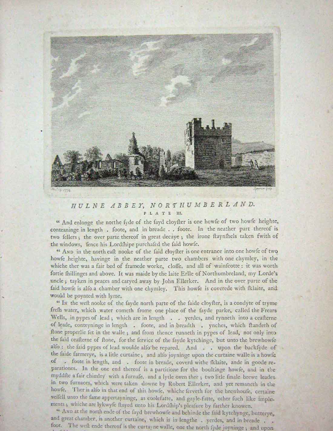Original Old Antique Print 1774 View Hulne Abbey Northumberland England Sparrow