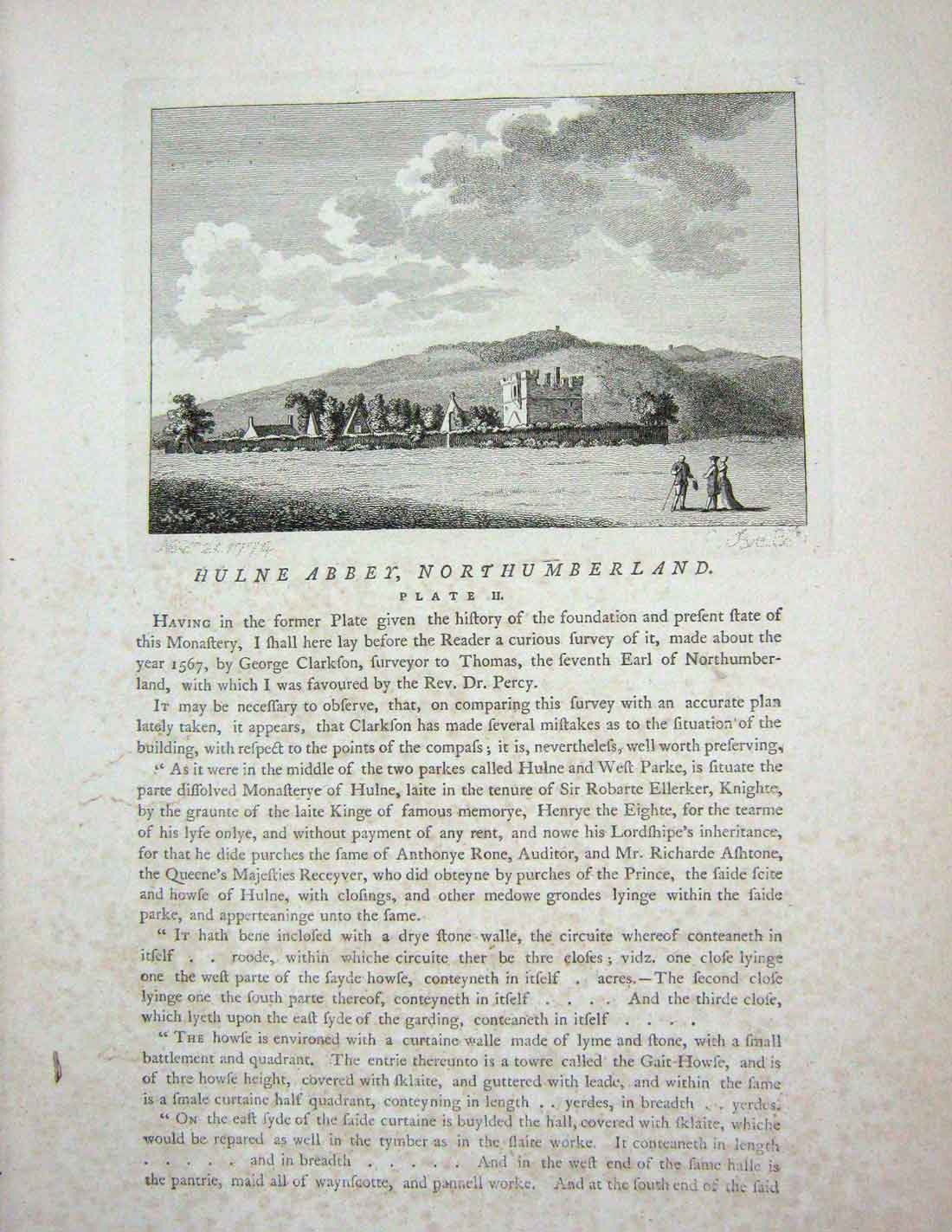 Original Old Antique Print 1774 View Hulne Abbey Northumberland England 18th