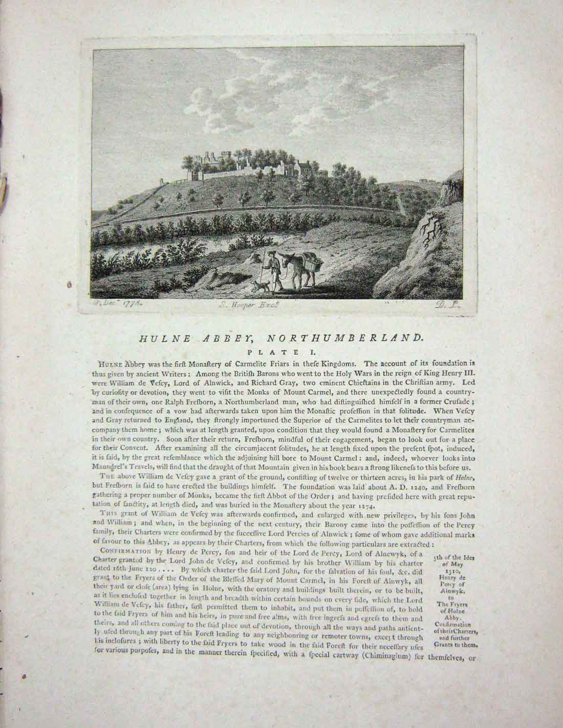 Original Old Antique Print 1775 View Hulne Abbey Northumberland England 18th