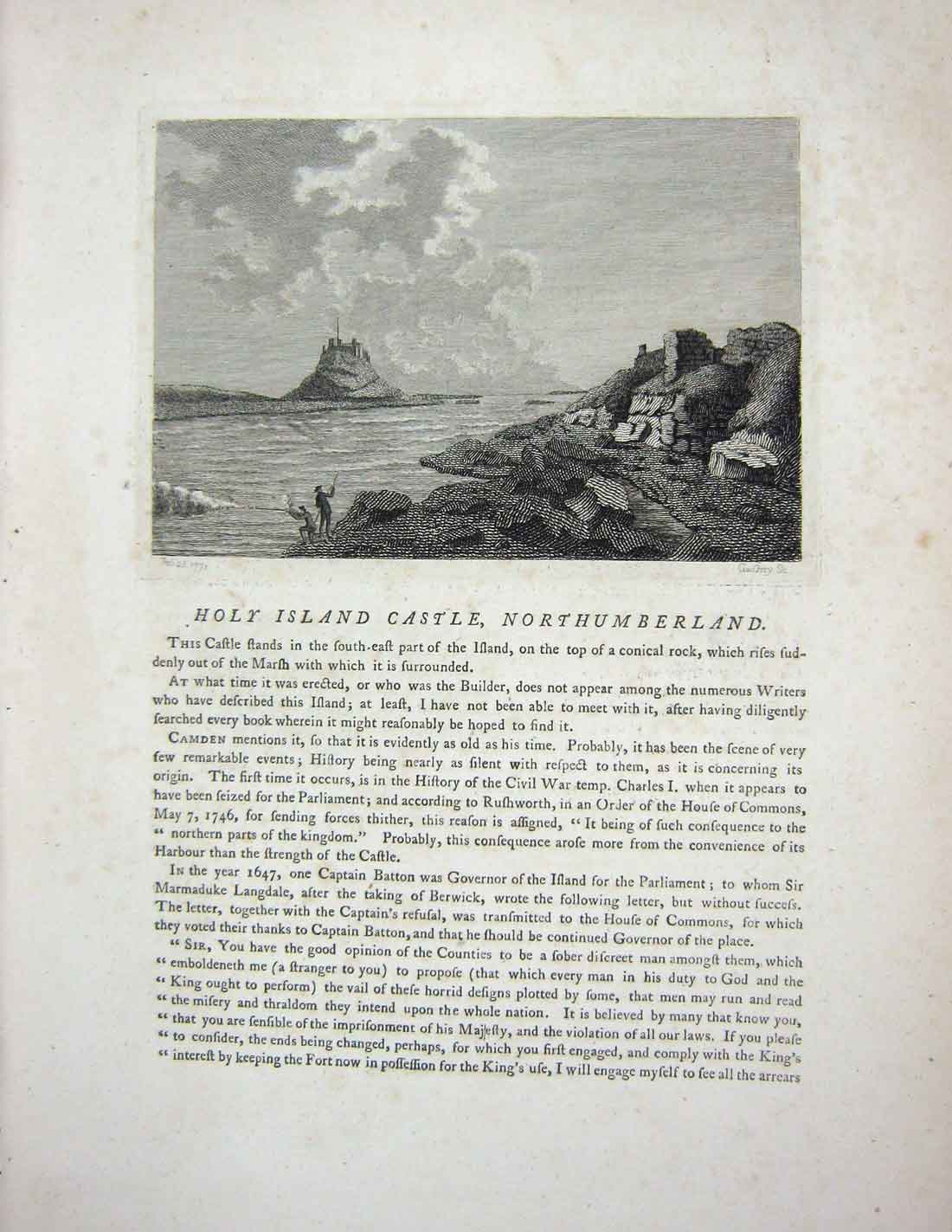 Original Old Antique Print 1773 Holy Island Castle Northumberland Godfrey 18th