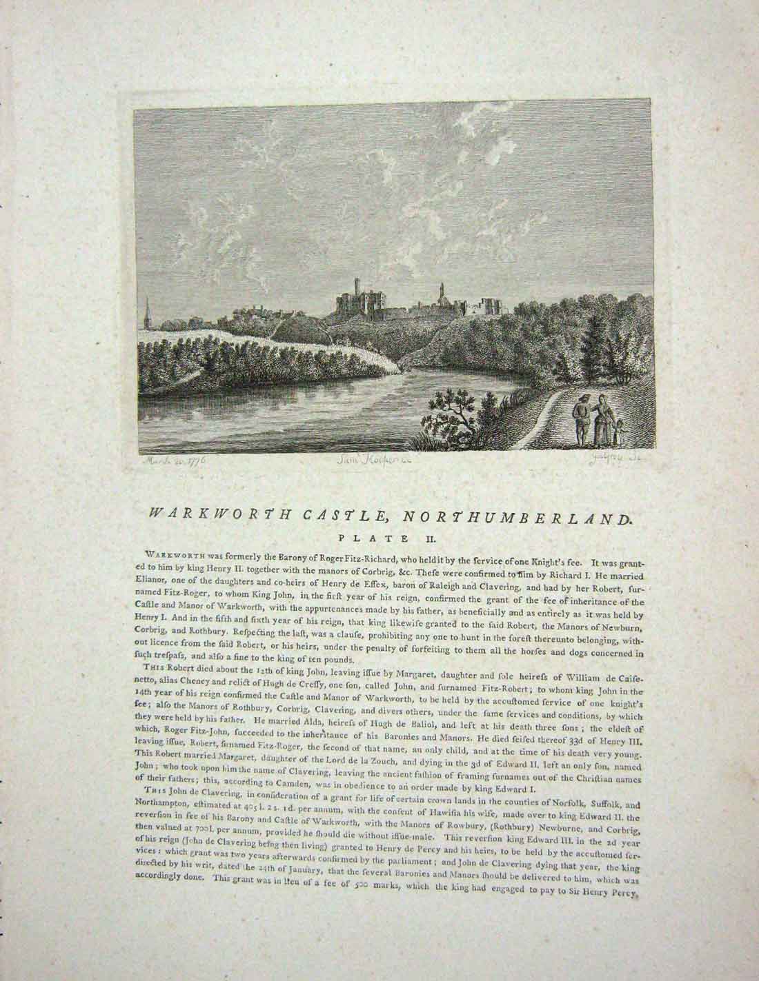 Original Old Antique Print 1776 Warkworth Castle Northumberland Godfrey 18th