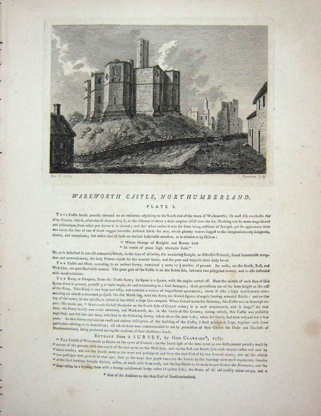 Original Old Antique Print 1773 Warkworth Castle Northumberland Sparrow 18th
