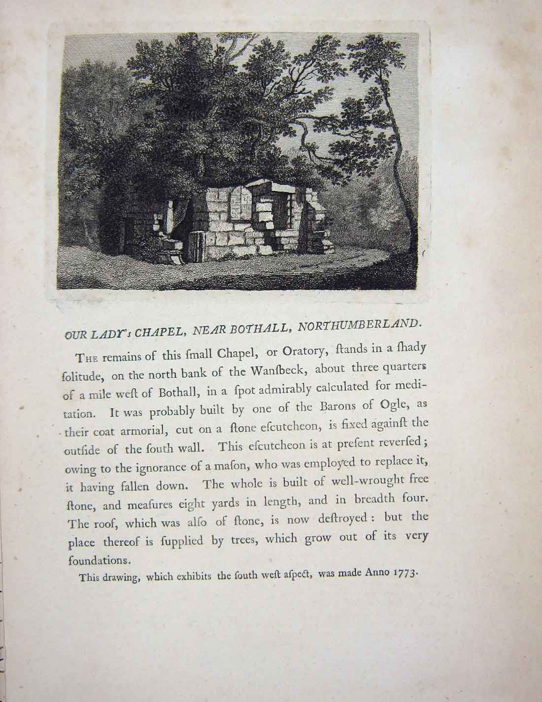 Original Old Antique Print 1774 Monks Stone Tinemouth Northumberland England