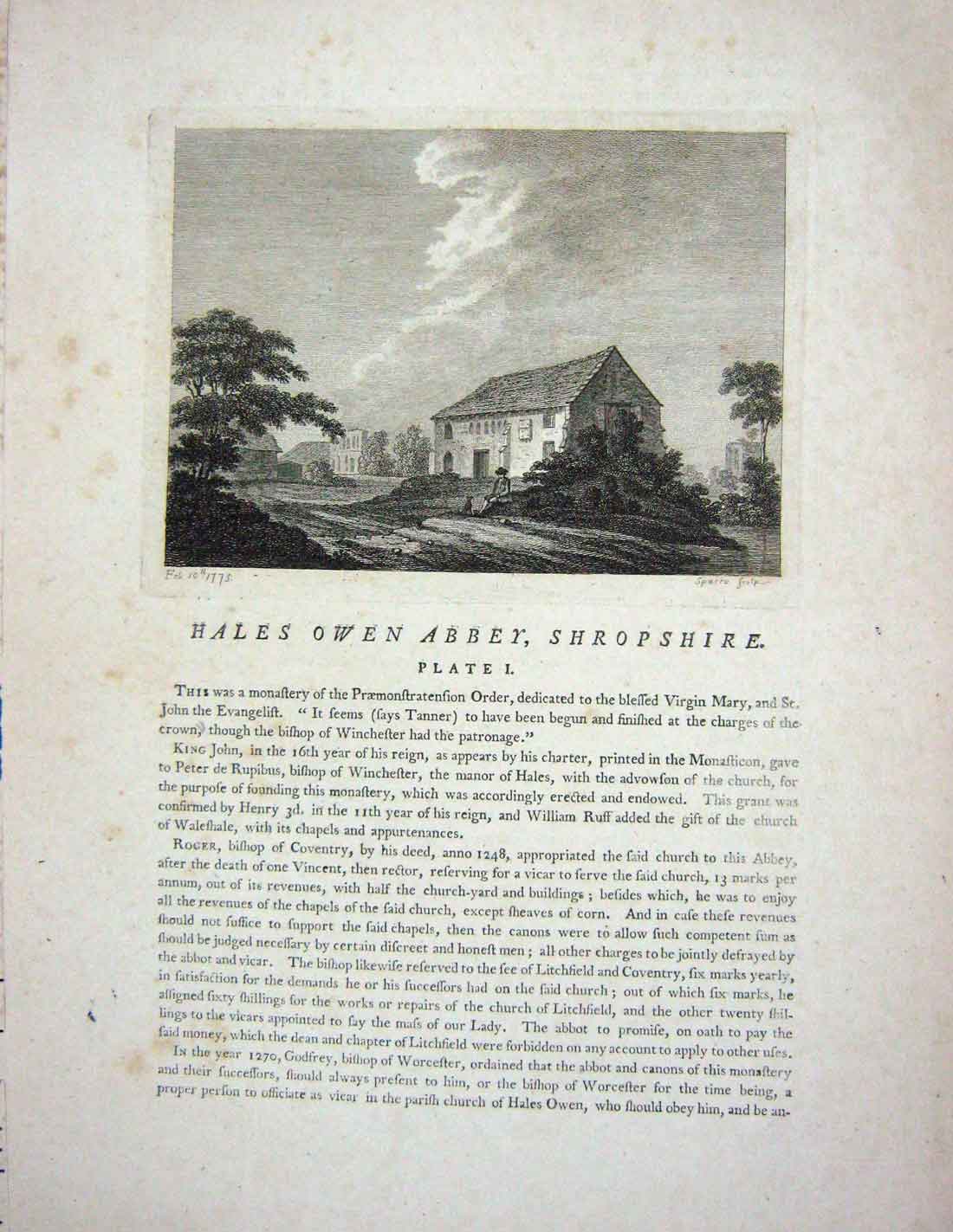 Original Old Antique Print 1772 Bildewas Abbey Shropshire England Godfrey 18th