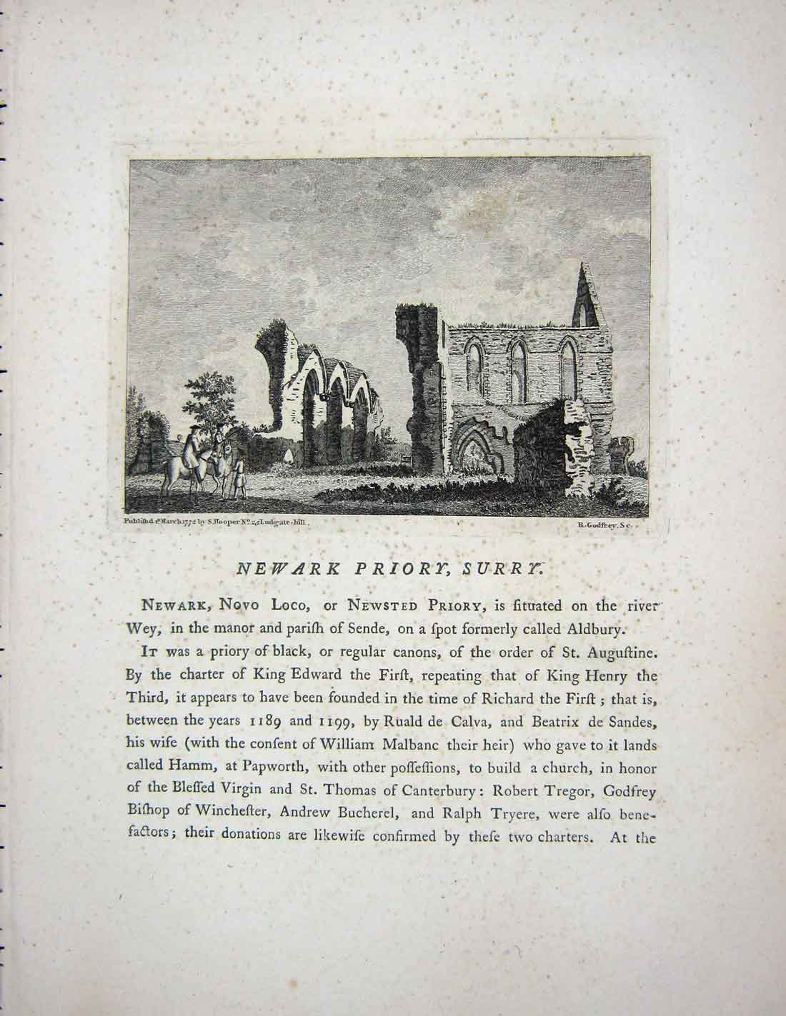 Original Old Antique Print 1772 Martha'S Hill Guildford Surrey England Hooper