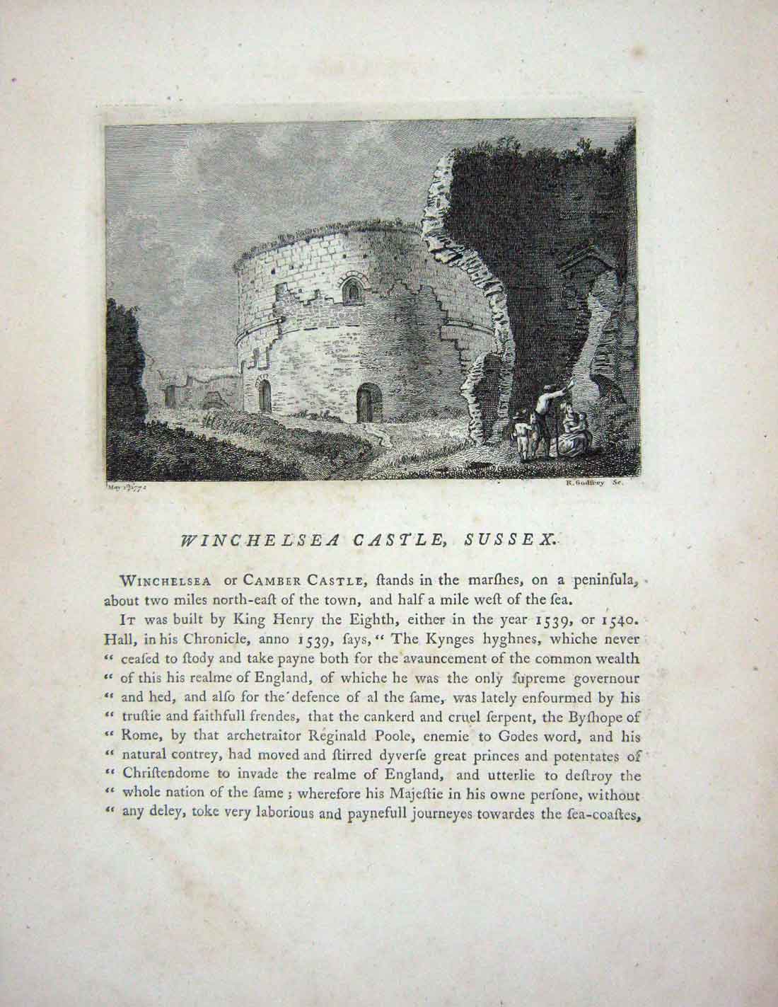 Old Antique Print 1772 View Pevensey Castle Sussex England Hooper Godfrey 18th