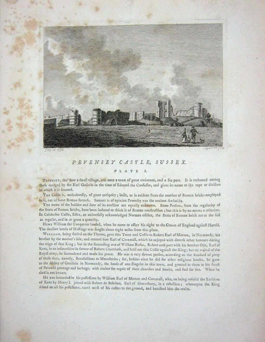 Original Old Antique Print 1776 View Knap Castle Sussex England Hooper 18th