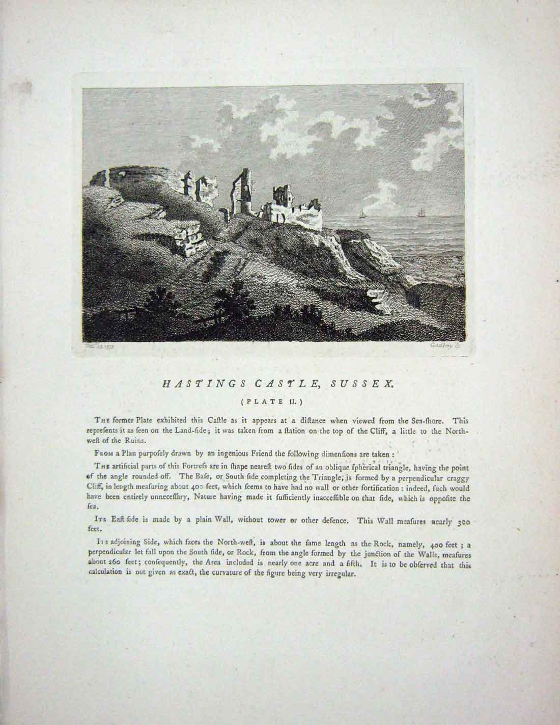 Old Antique Print 1772 View Hastings Castle Sussex England Hooper Godfrey 18th