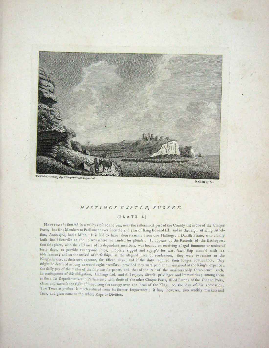 Original Old Antique Print 1772 Monastery Grey Friars Winchelsea Sussex England
