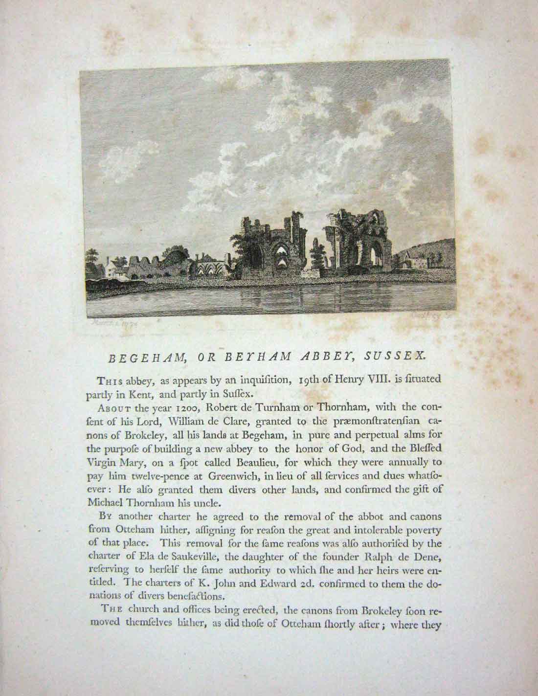 Old Antique Print 1772 Brambrough Bramber Church Sussex England Godfrey 18th