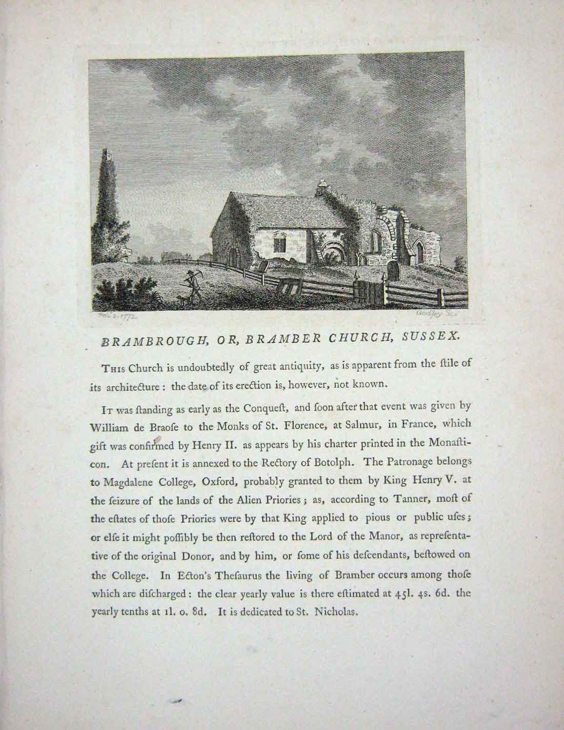 Original Old Antique Print 1773 Battle Abbey Sussex England Hooper Godfrey 18th