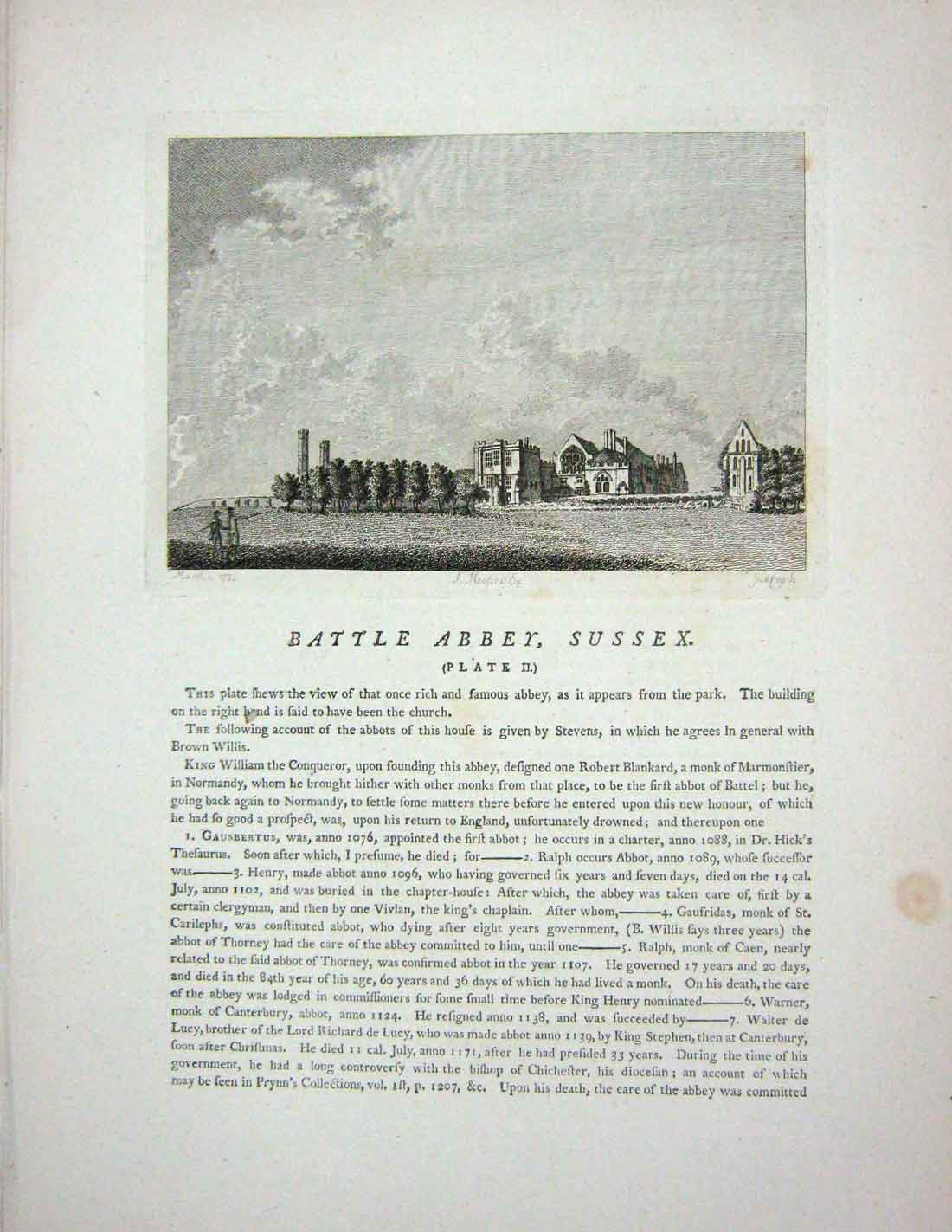 Original Old Antique Print 1772 View Battle Abbey Sussex England Architecture