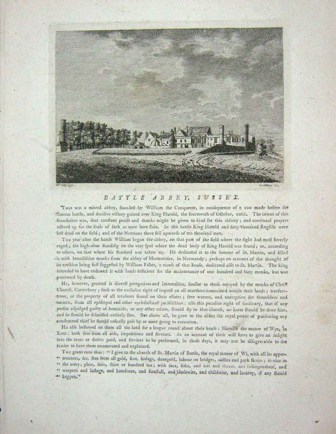 Original Old Antique Print 1776 View Waverley Abbey Surrey England Sparrow 18th