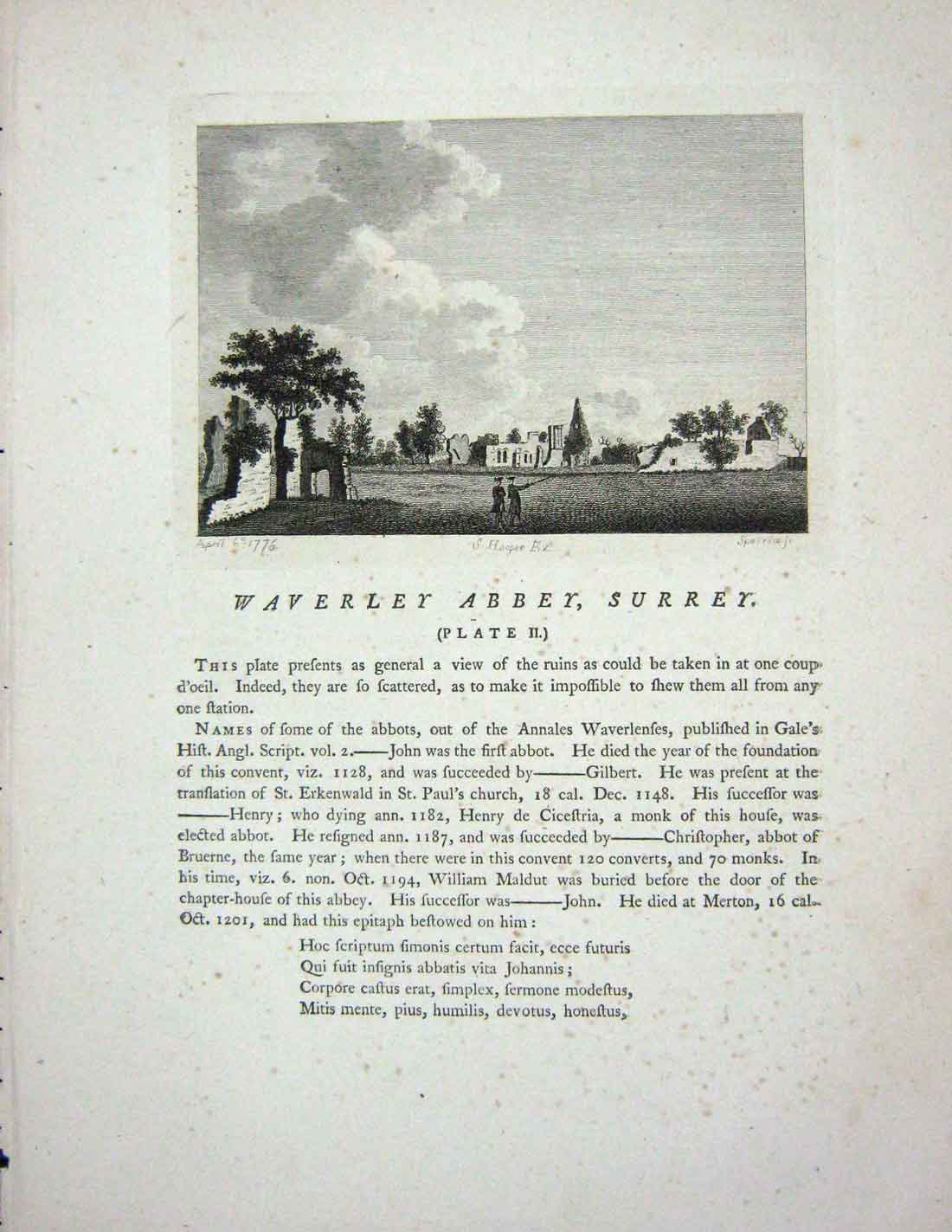 Original Old Antique Print 1775 Waverley Abbey Surrey England Hooper Godfrey