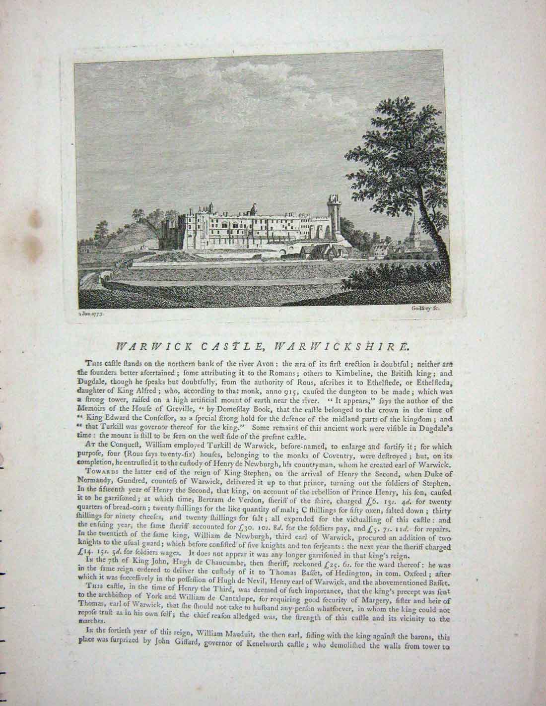 Original Old Antique Print 1774 Kenilworth Priory Warwickshire England Godfrey