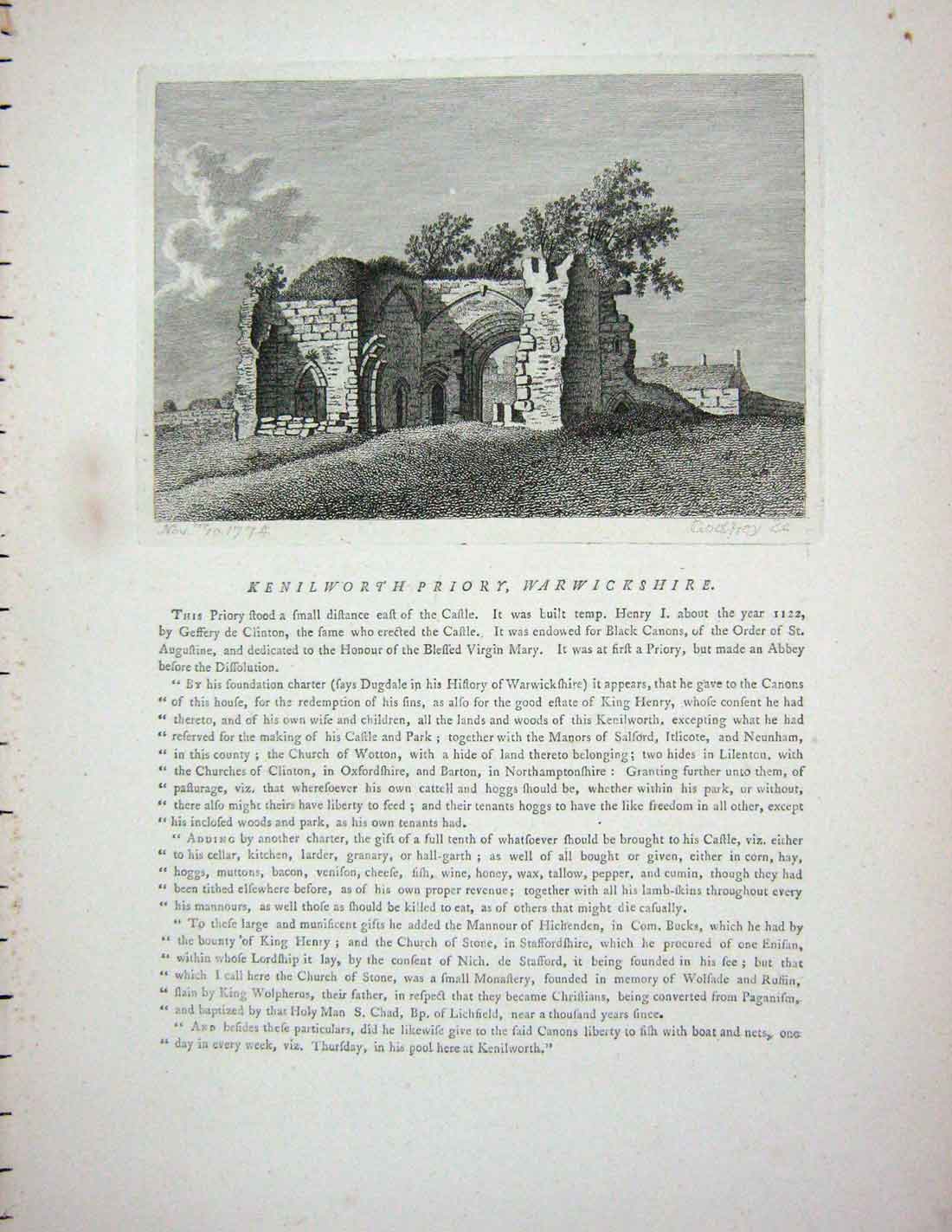 Original Old Antique Print 1774 Winchelsea Church Sussex England Godfrey 18th