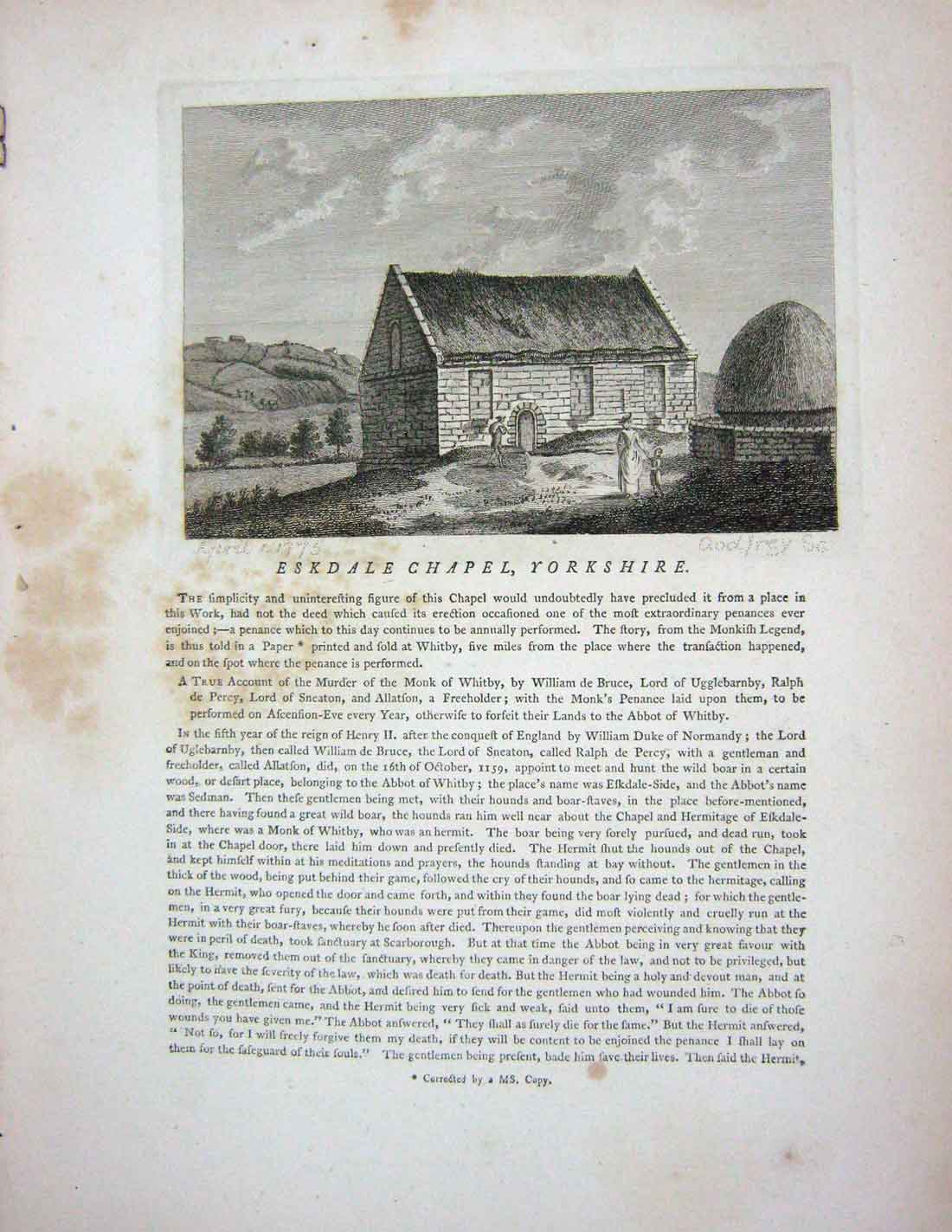 Original Old Antique Print 1774 Coverham Abbey Yorkshire England Godfrey 18th