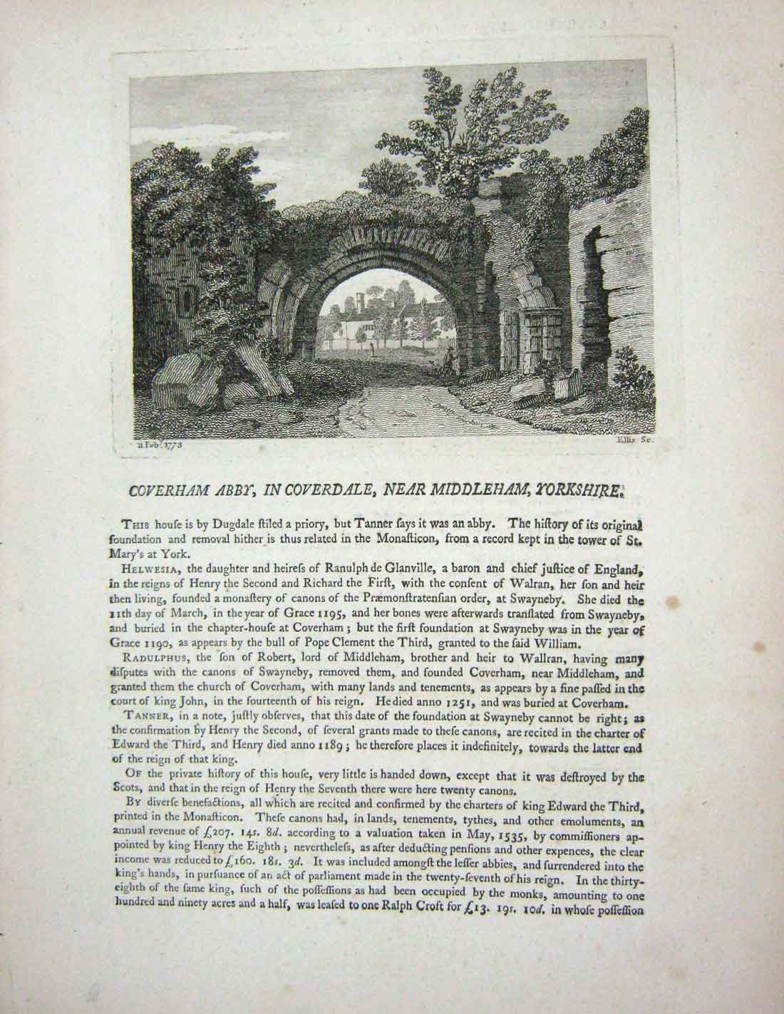 Original Old Antique Print 1773 Bolton Priory Craven Yorkshire England Godfrey