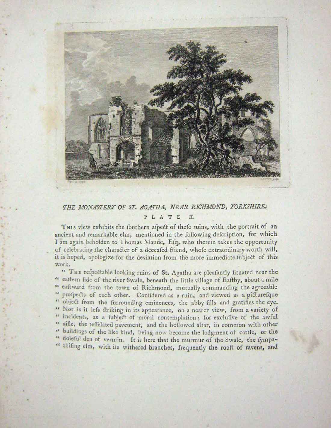 Original Old Antique Print 1773 Monastery St. Agatha Richmond Yorkshire England